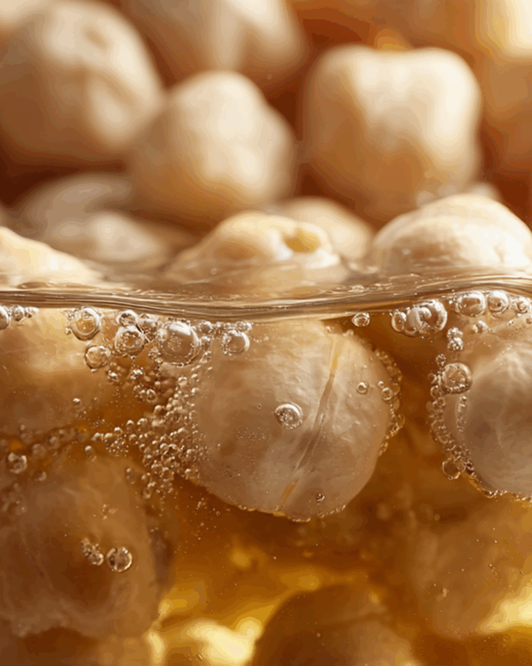 Chikpeas floating in hot water to produce Aquafaba